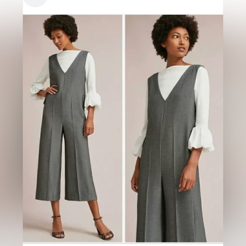 ANTHROPOLOGIE CARTONNIER WIDE LEG JUMPSUIT IN HERRINGBONE PRINT